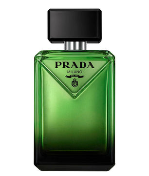 Green Prada Milano perfume bottle on a white background