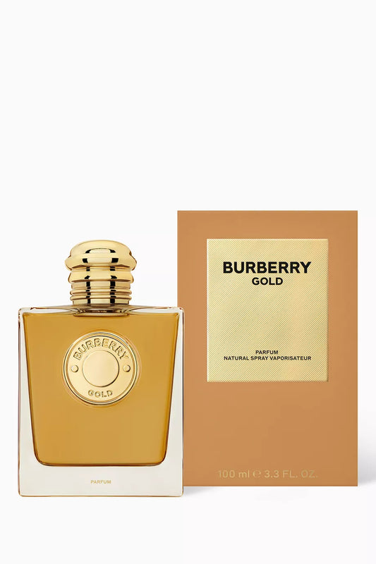Burberry Gold perfume bottle and packaging on a white background