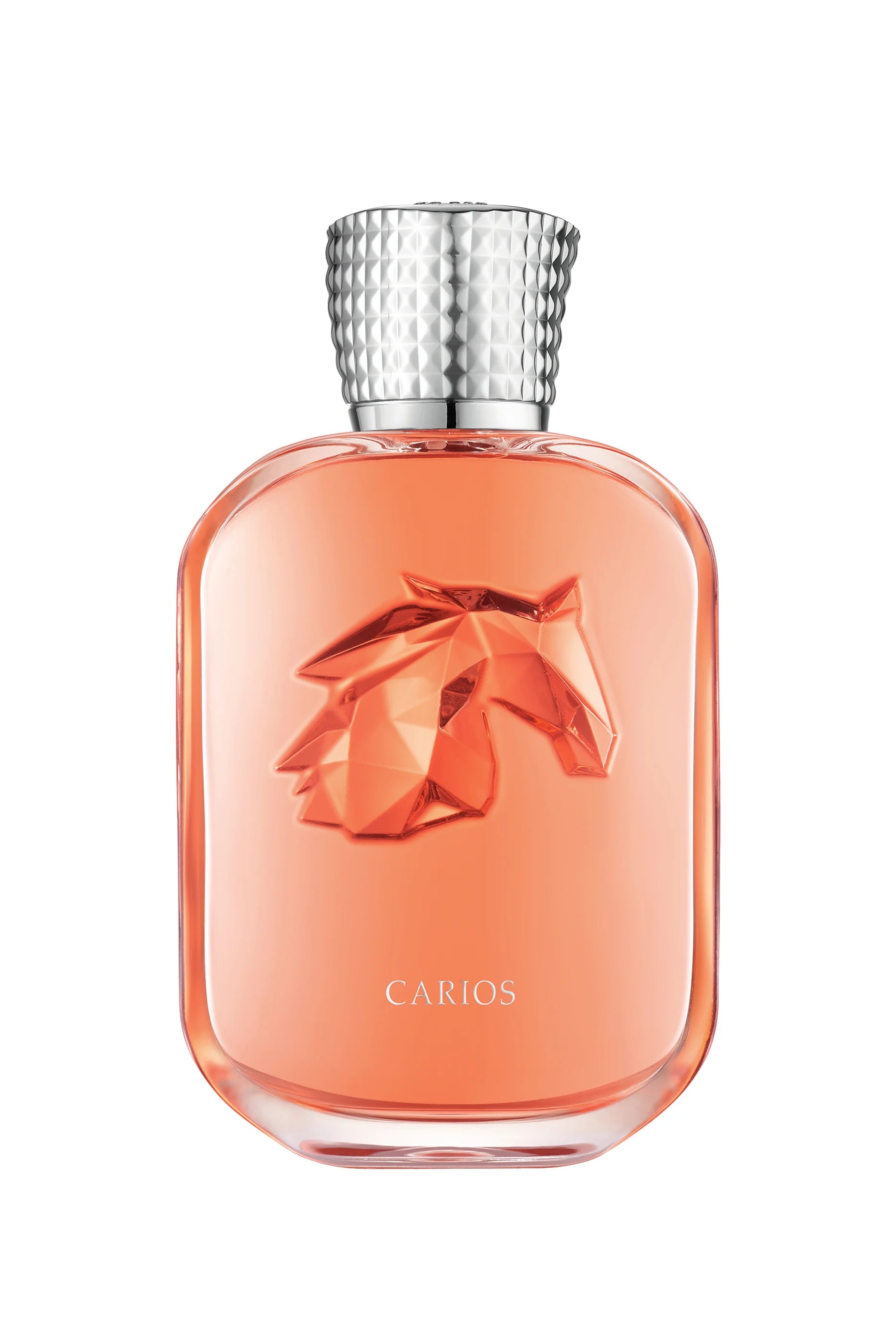 Perfume bottle with a silver cap on a white background