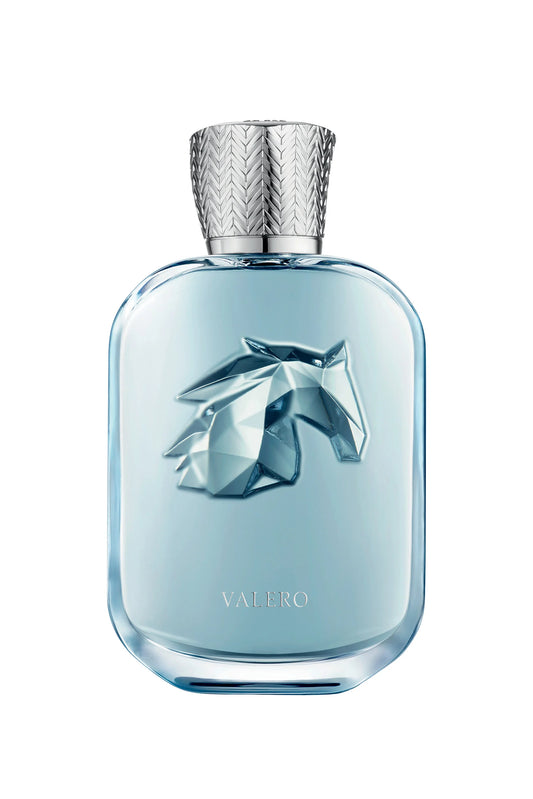 Blue perfume bottle with silver cap on a white background