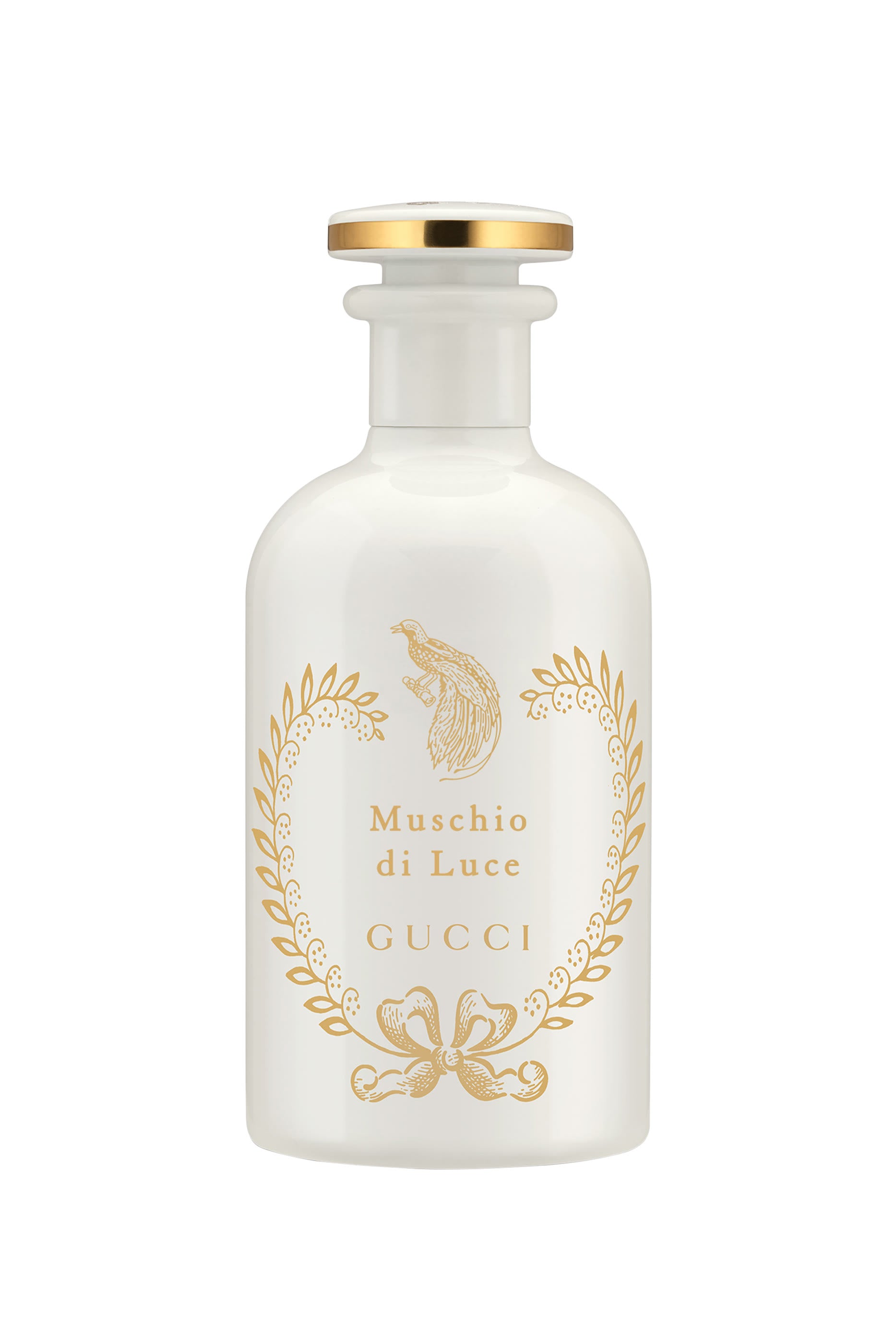 Gucci Muschio di Luce perfume bottle in frosted white glass with gold foil detailing and a gold cap, set against a plain white background.