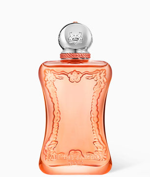 A bottle of Marc Jacobs Daisy perfume with a translucent peach-colored glass body, featuring an embossed floral border design and a silver spherical cap with the Marc Jacobs dog logo.