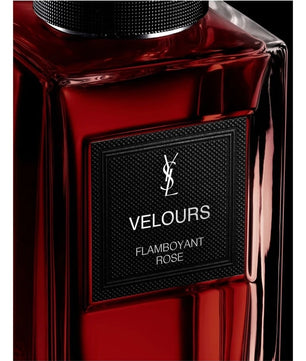 Red perfume bottle with 'YSL Velours Flamboyant Rose' label