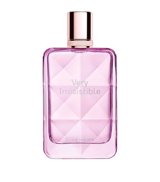 Pink Givenchy perfume bottle with rose gold cap on a white background