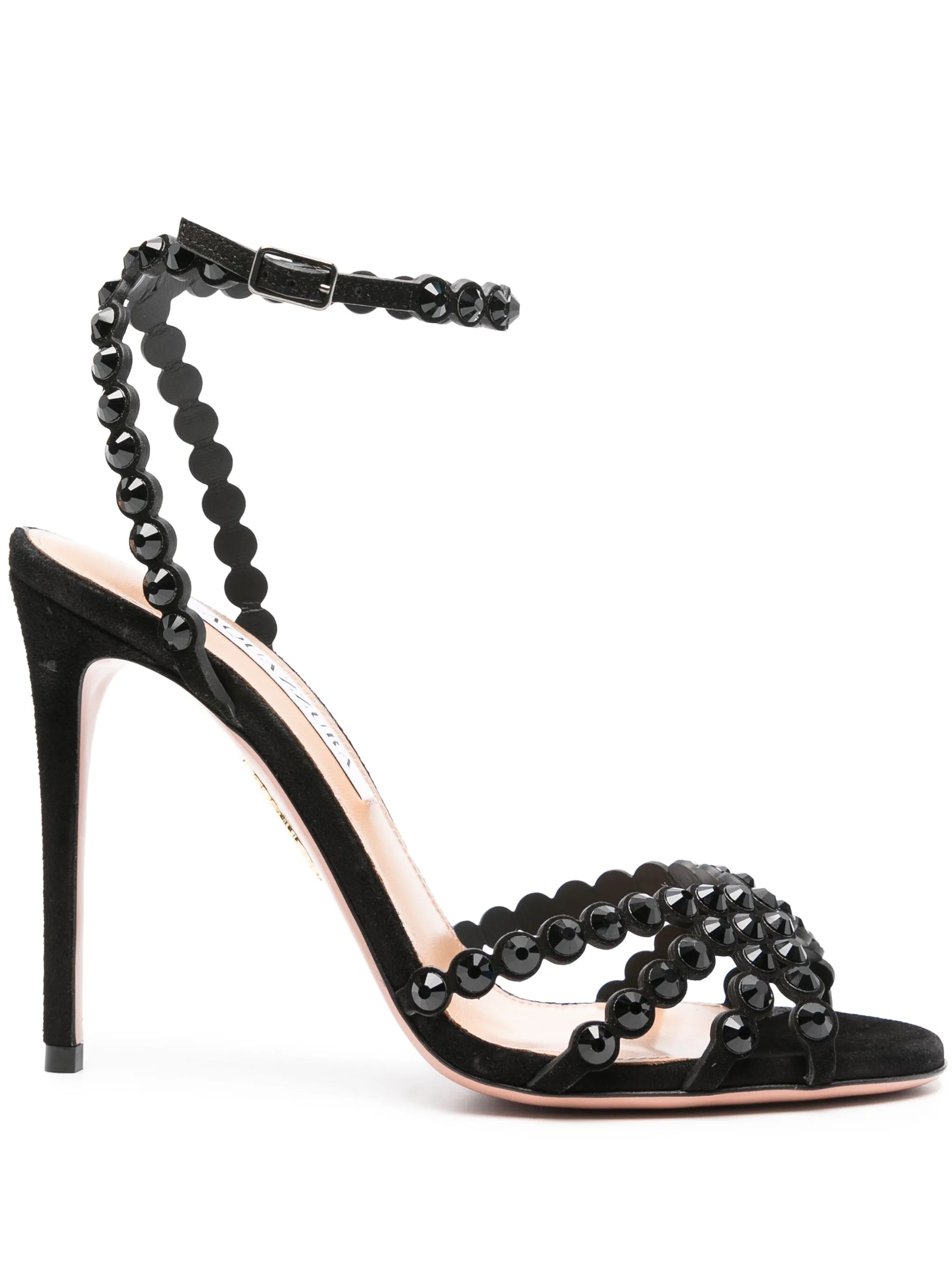 Black high-heeled sandal with bead embellishments on a white background