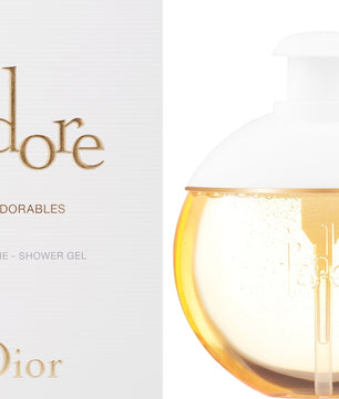 Dior j'adore shower gel packaging with gold and white design.