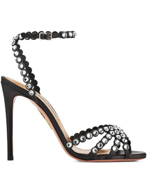 Black high-heeled sandal with bead embellishments on a white background