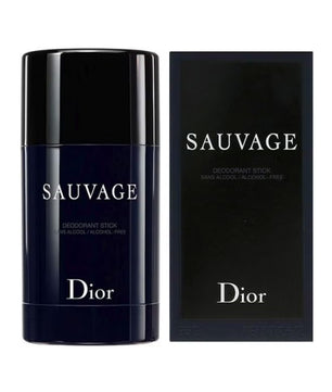 Dior Sauvage deodorant stick in a dark navy blue cylindrical container next to its black packaging box, both featuring the white Dior logo and SAUVAGE text on a white background.