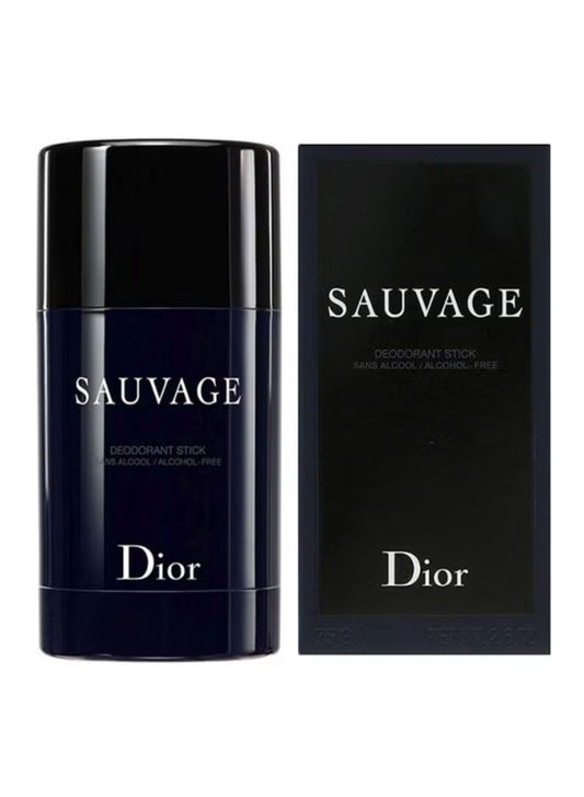 Dior Sauvage deodorant stick in a dark navy blue cylindrical container next to its black packaging box, both featuring the white Dior logo and SAUVAGE text on a white background.