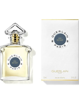 Guerlain Vol De Nuit perfume bottle and packaging on a white background
