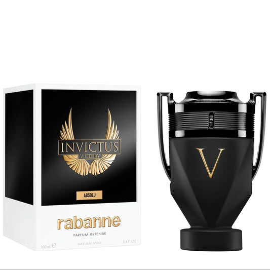Black Invictus perfume bottle and packaging on a white background