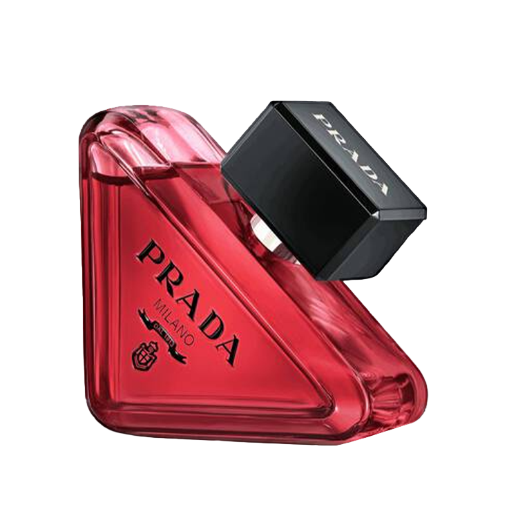 Red Prada perfume bottle on a white background