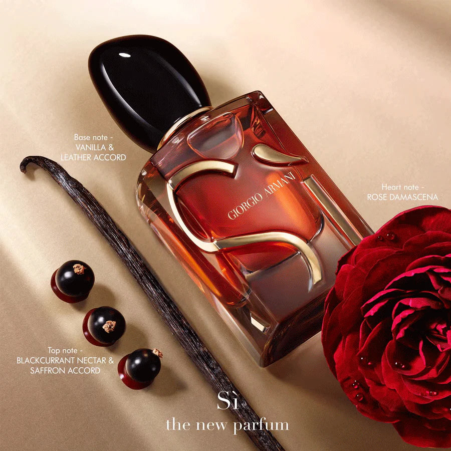 Giorgio Armani perfume bottle with a red rose and vanilla bean on a beige background
