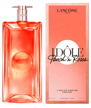Lancome Idole Peach 'n Roses perfume bottle and packaging on a white background
