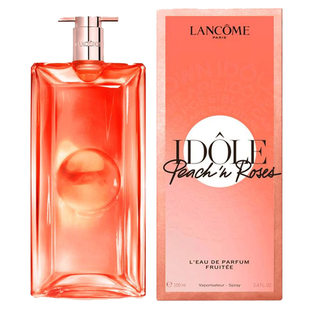 Lancome Idole Peach 'n Roses perfume bottle and packaging on a white background