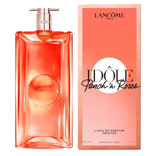 Lancome Idole Peach 'n Roses perfume bottle and packaging on a white background