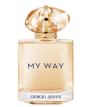 Giorgio Armani My Way Eau de Toilette perfume bottle with a gold cap and pale amber liquid, centered on a white background.