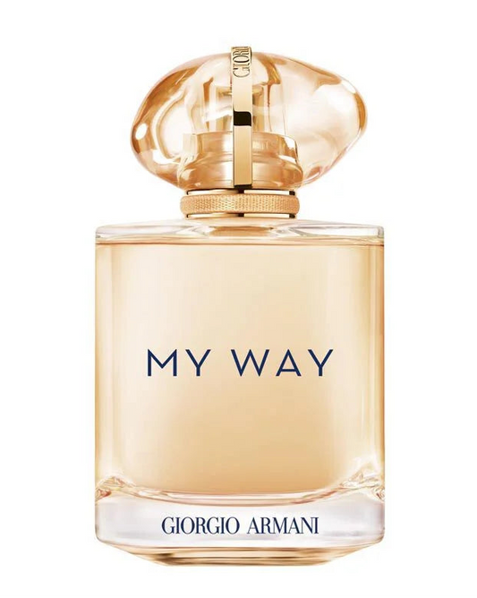 Giorgio Armani My Way Eau de Toilette perfume bottle with a gold cap and pale amber liquid, centered on a white background.
