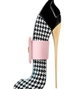 High-heeled shoe with houndstooth pattern and pink band on a white background
