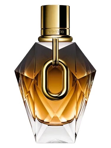 Perfume bottle with gold cap and clear glass body on a white background