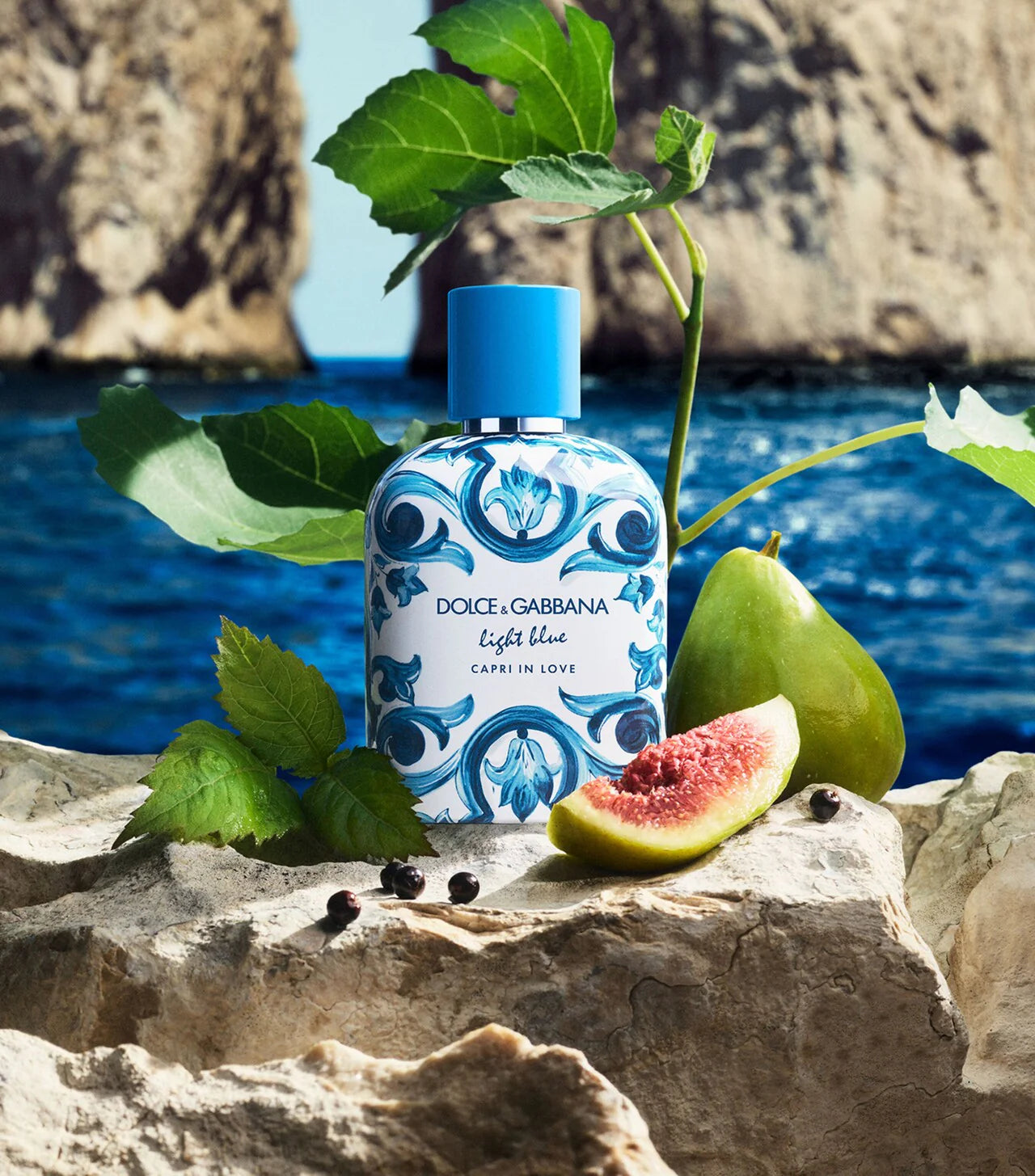 Dolce & Gabbana Light Blue perfume bottle with fig and leaves on a rocky surface