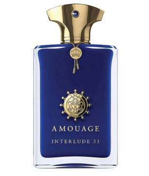 Amouage Interlude 53 perfume bottle with blue and gold design on a white background