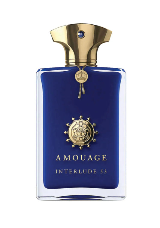 Amouage Interlude 53 perfume bottle with blue and gold design on a white background