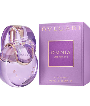Bulgari Omnia Amethyste perfume bottle and packaging on a white background