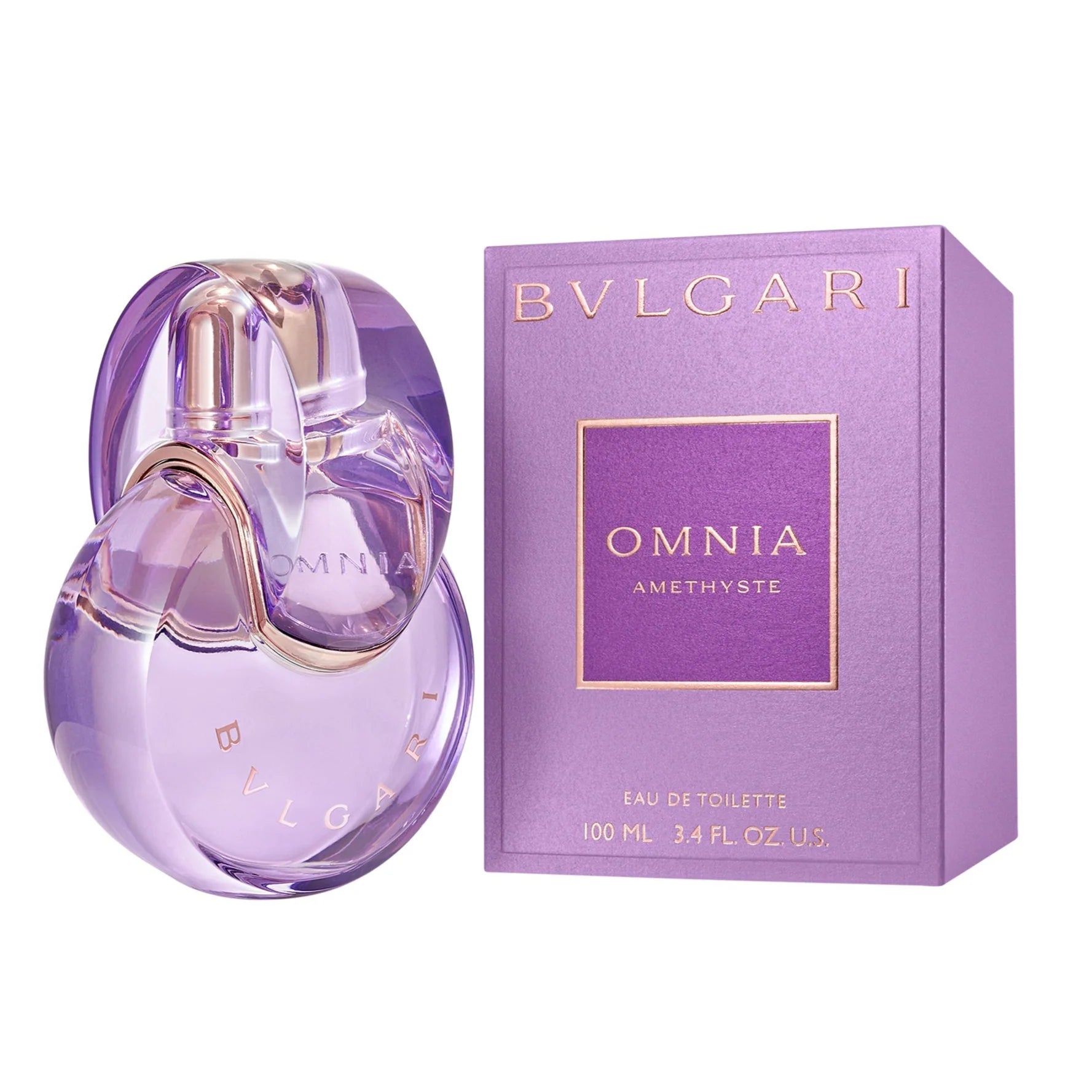 Bulgari Omnia Amethyste perfume bottle and packaging on a white background