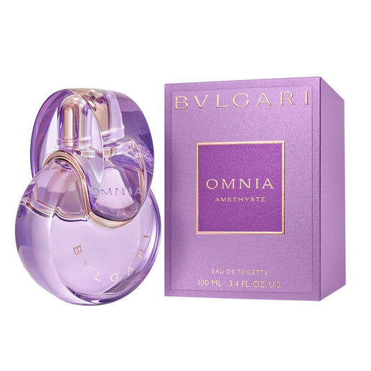 Bulgari Omnia Amethyste perfume bottle and packaging on a white background
