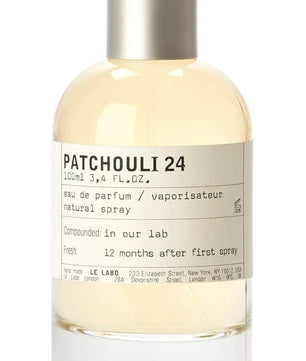 Bottle of Le Labo Patchouli 24 eau de parfum on a white background