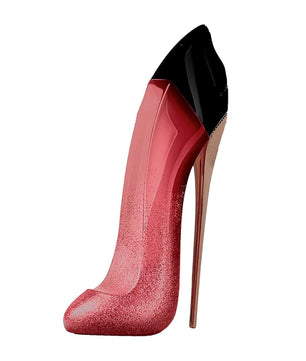 Red high-heeled shoe with black top on a white background