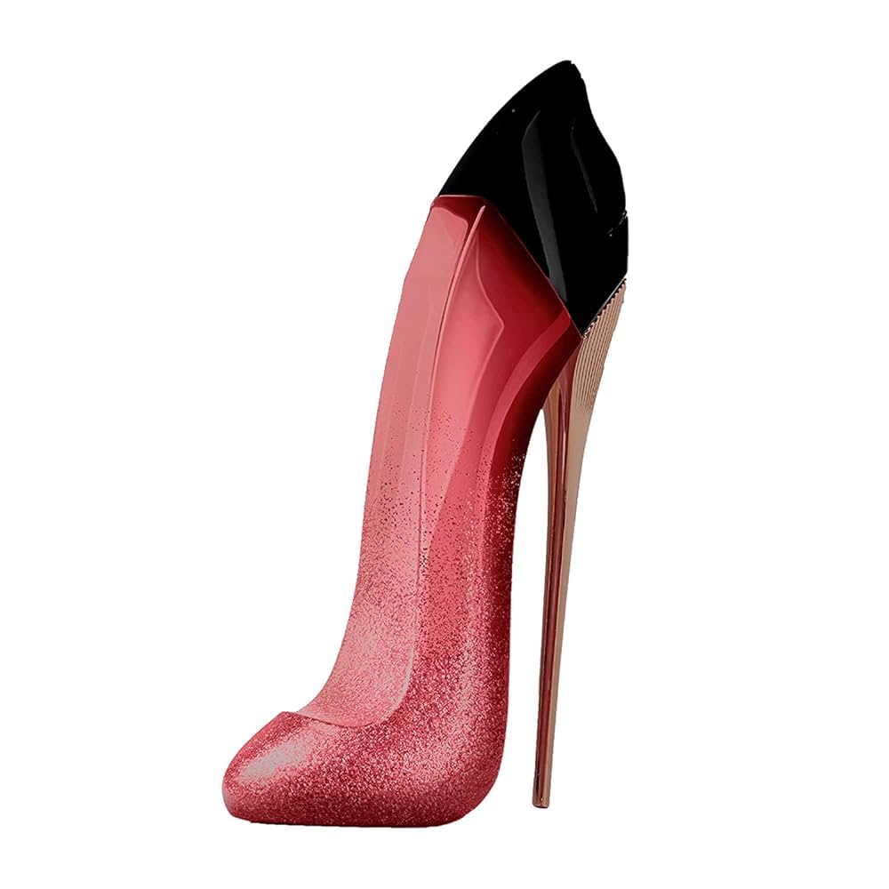 Red high-heeled shoe with black top on a white background