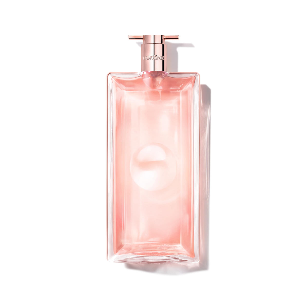 Pink perfume bottle with a metallic pump on a white background