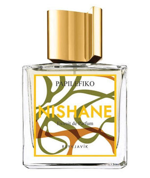 Perfume bottle with gold cap and colorful label on a white background