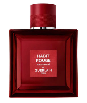 Red Guerlain perfume bottle on a white background