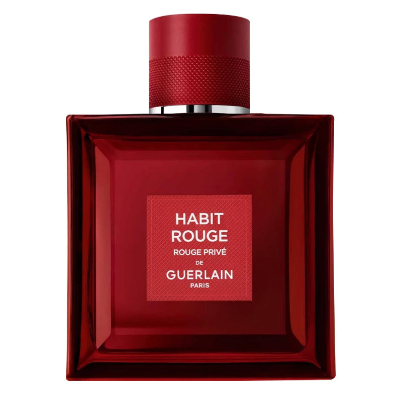 Red Guerlain perfume bottle on a white background