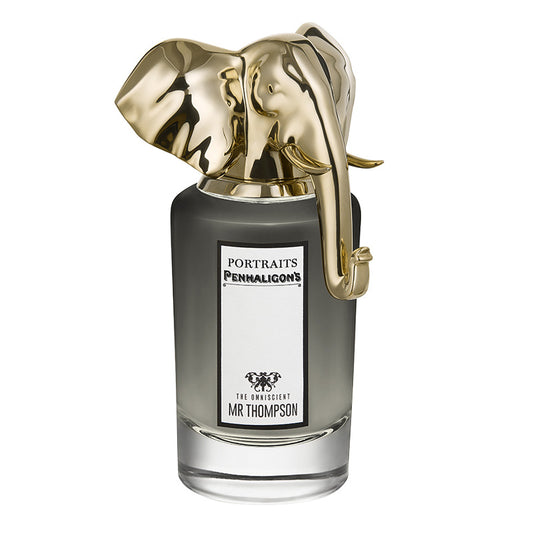 Penhaligon's Portraits Mr Thompson perfume bottle with gold elephant cap on a white background