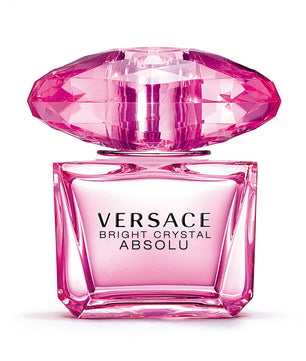 Versace Bright Crystal Absolu perfume bottle with pink diamond-shaped cap on a white background