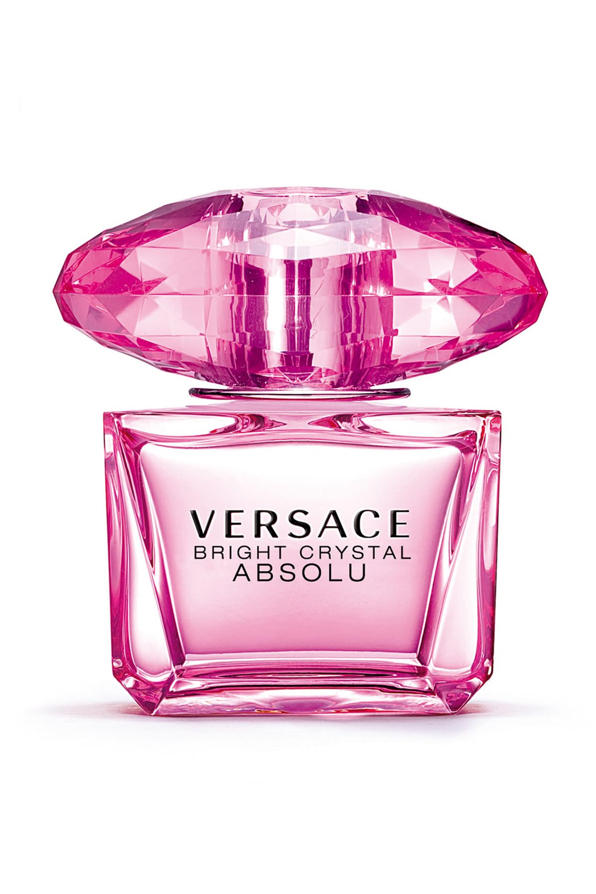 Versace Bright Crystal Absolu perfume bottle with pink diamond-shaped cap on a white background