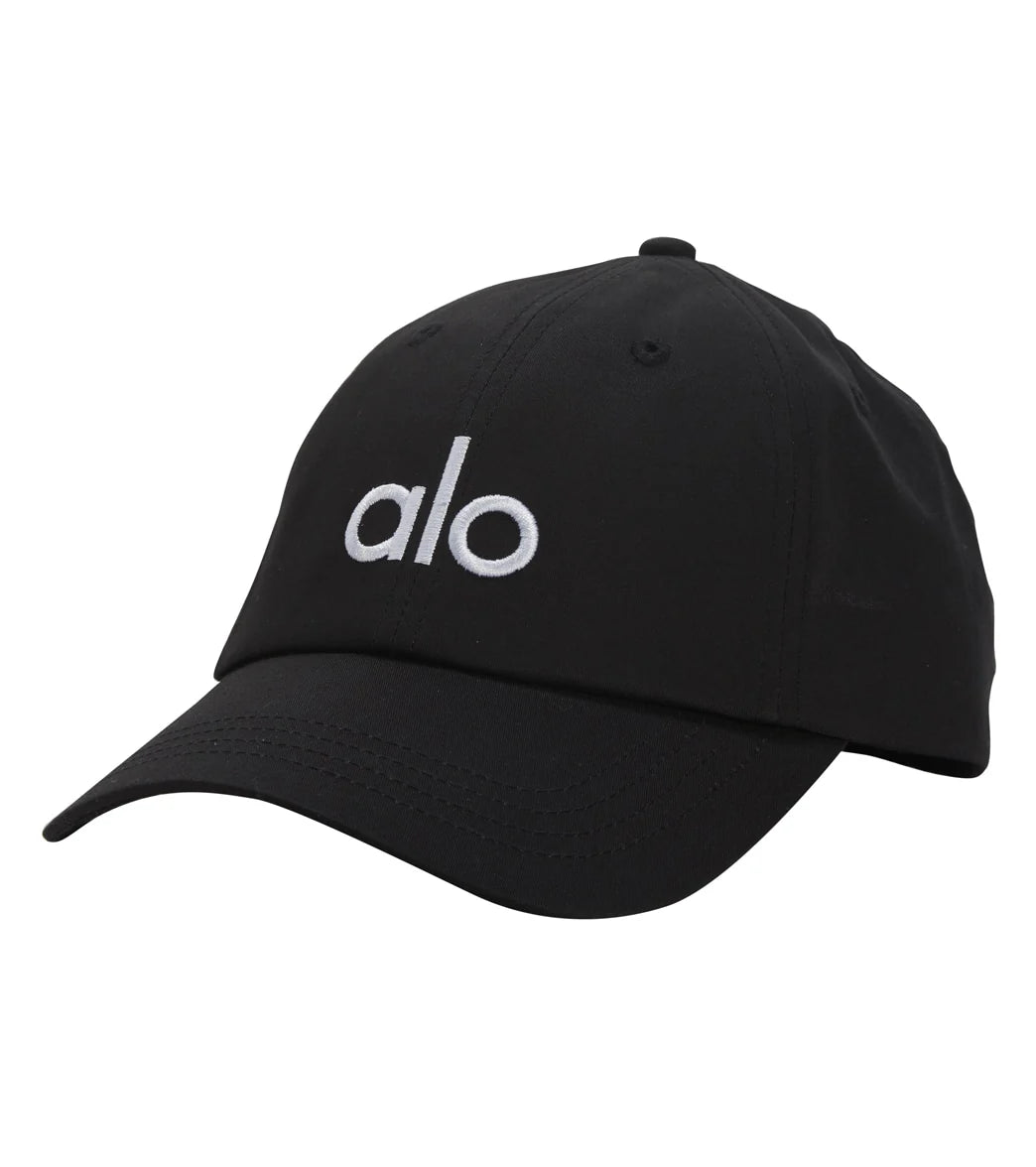 Black cap with 'alo' logo on a white background