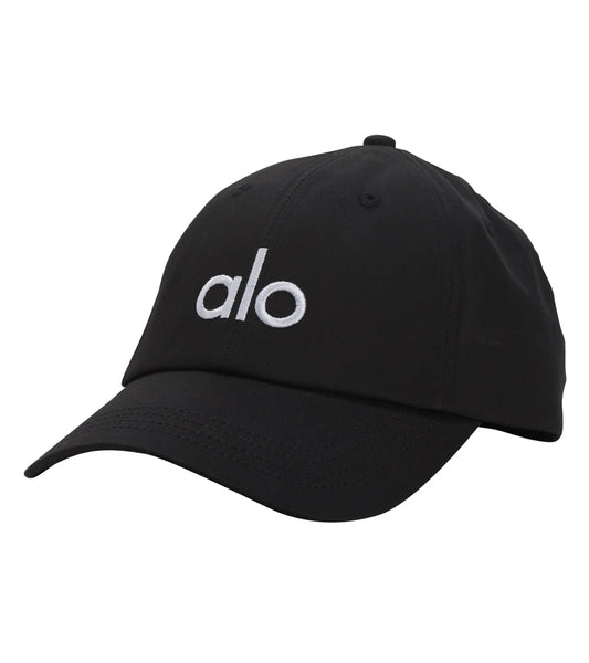 Black cap with 'alo' logo on a white background