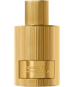 Gold perfume bottle with 'Tom Ford' branding on a white background