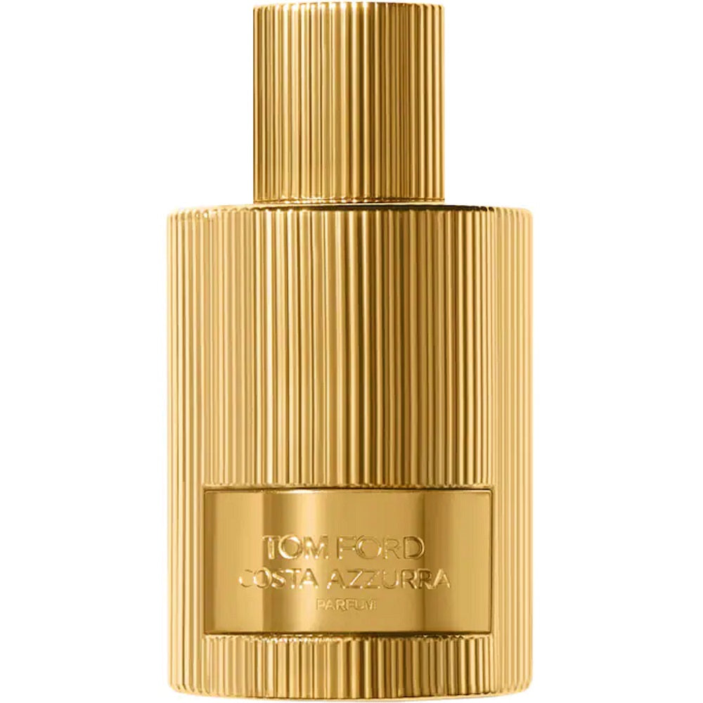 Gold perfume bottle with 'Tom Ford' branding on a white background