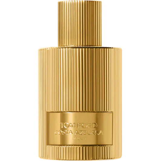 Gold perfume bottle with 'Tom Ford' branding on a white background