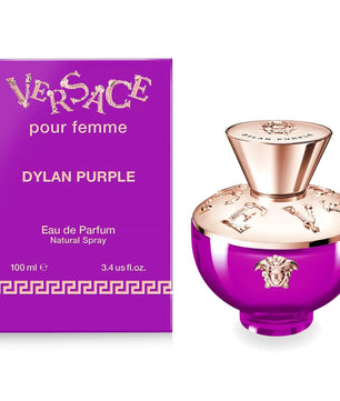 Versace Dylan Purple perfume bottle and packaging on a white background