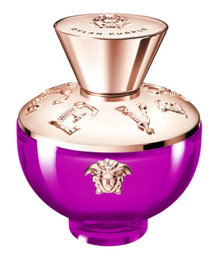 Purple perfume bottle with gold cap on a white background