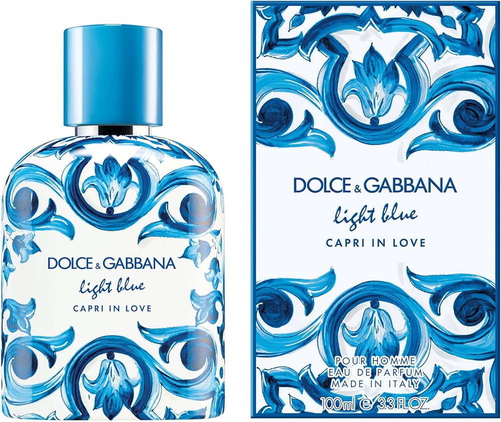 Dolce & Gabbana Light Blue Capri in Love perfume bottle and packaging on a white background