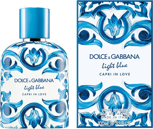 Dolce & Gabbana Light Blue Capri in Love perfume bottle and packaging on a white background