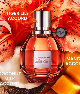 Viktor & Rolf Flowerbomb Tiger Lily perfume bottle with floral and coconut elements on a vibrant background